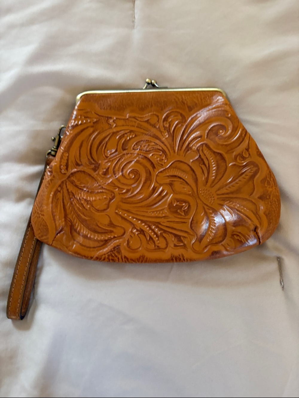 Patricia Nash Tooled Leather Wristlet in Cognac